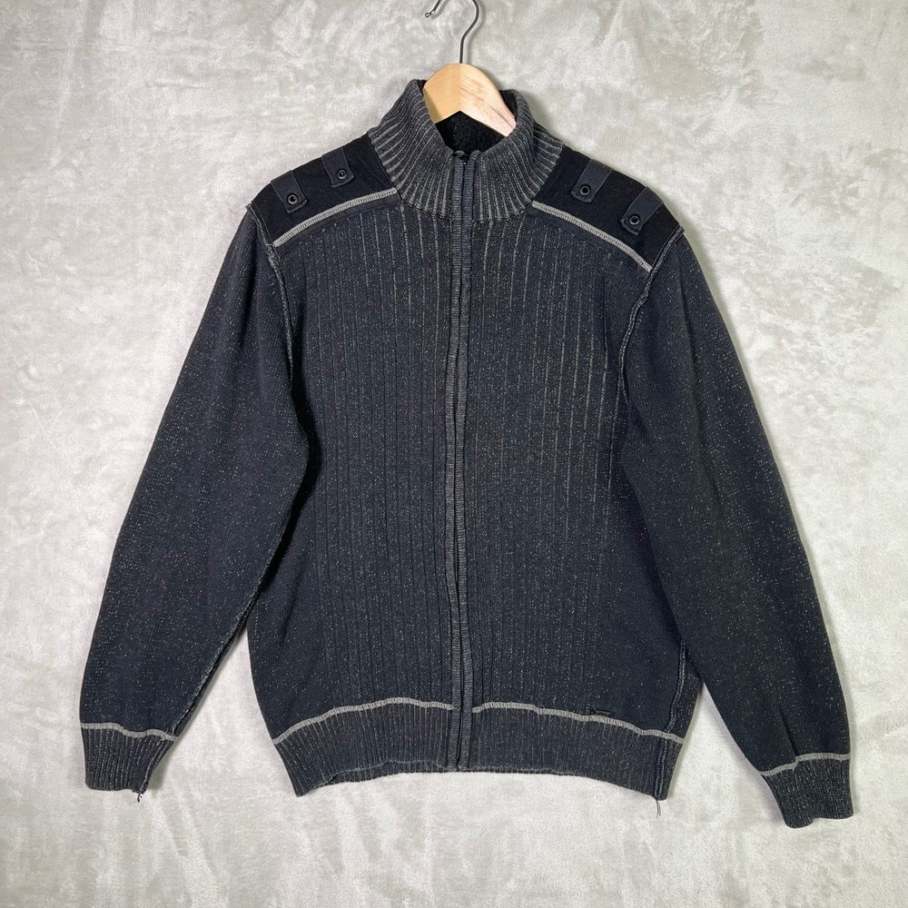 Buckle Black Full Zip Sweater Mens L Athletic Fit Gray Sherpa Collar Grunge Rock